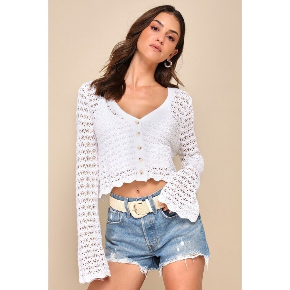 Lulus Stellar Sweetie Ivory Pointelle Knit Cropped Cardigan White - Size S
